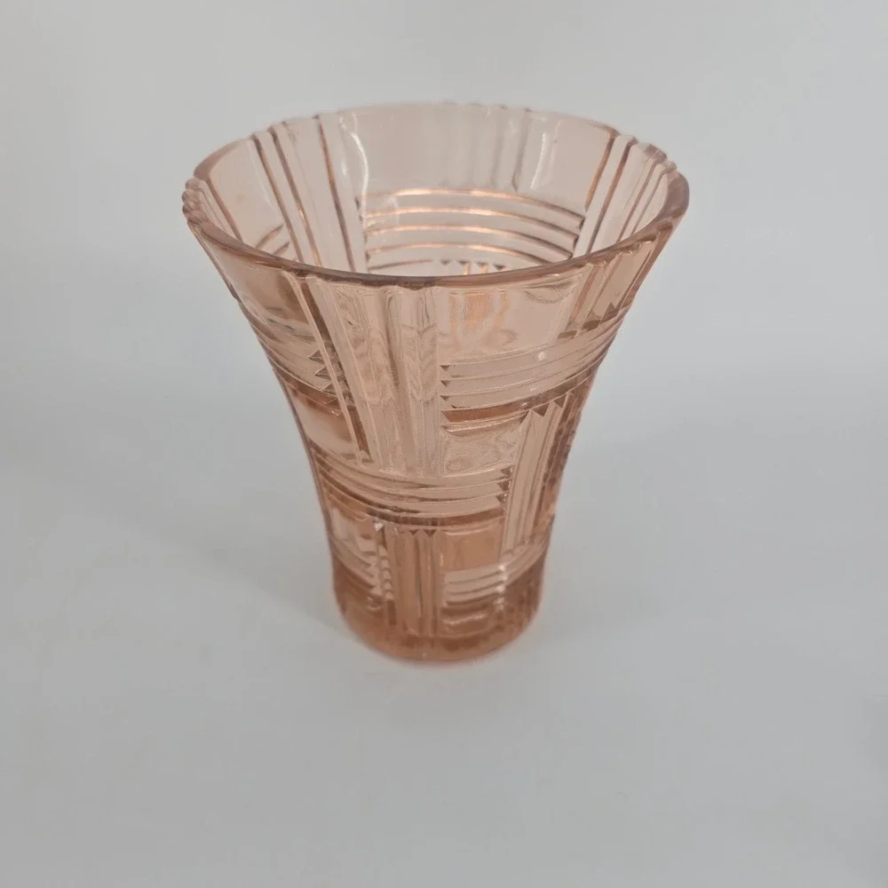 Vintage Pink Depression Glass Vase Art Deco Geometric Prismatic 7 Inch Blush